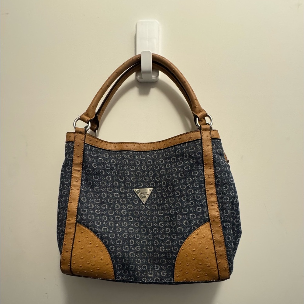 Guess Navy and Tan Shoulder Bag with animal print interior roomy light weight